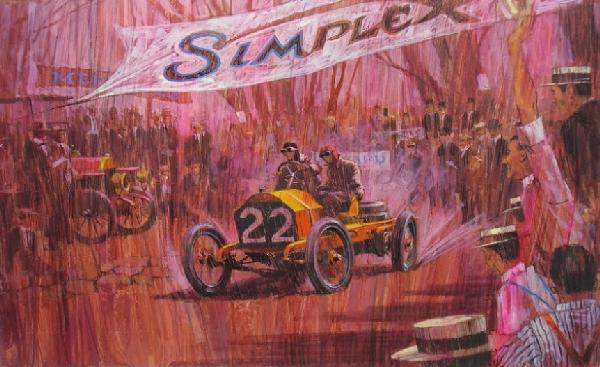 ADDISON, ROBERT: (1924-1988 American) Old time car race, unframed tempera and ink on illustration board, unsigned, approximate board size 19'' x 27'', PROVENANCE: Item comes from the Estate of Mrs. Robert Addison.