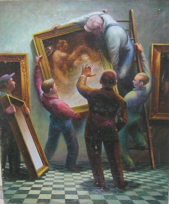 ADDISON, ROBERT: (1924-1988 American) The picture hangers, unframed oil on canvas, unsigned, approximate size 25'' x 20''. PROVENANCE: Item comes from the Estate of Mrs. Robert Addison.