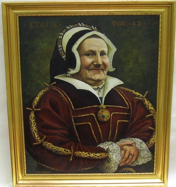 ADDISON, ROBERT: (1924-1988 American) Portrait of a stately woman, after Hans Holbein, framed oil on canvas, signed lower left, approximate image size 29'' x 24'', frame 33 3/4'' x 28 1/4''. PROVENANCE: Item comes fro