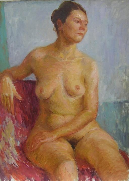 ADDISON, ROBERT: (1924-1988 American) Three quarter length portrait of seated nude, unframed oil on canvas, signed on verso, approximate size 38'' x 28''. PROVENANCE: Item comes from the Estate of Mrs. Robert Addison.