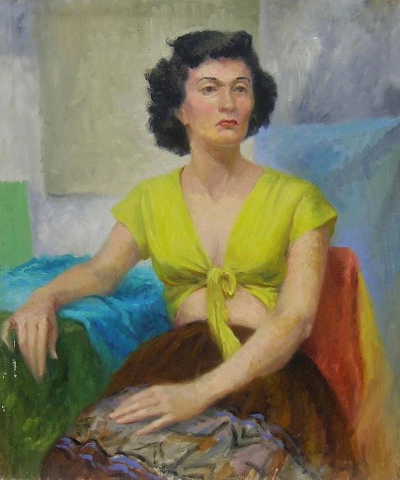ADDISON, ROBERT: (1924-1988 American) Three quarter length portrait of seated woman in yellow, unframed oil on canvas, unsigned, approximate size 36'' x 30''. PROVENANCE: Item comes from the Estate of Mrs. Robert Addi