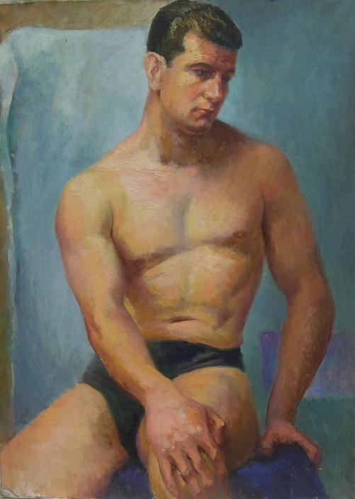 ADDISON, ROBERT: (1924-1988 American) Portrait of seated man in black shorts, unframed oil on canvas, unsigned, approximate size 38 1/2'' x 28''. PROVENANCE: Item comes from the Estate of Mrs. Robert Addison.