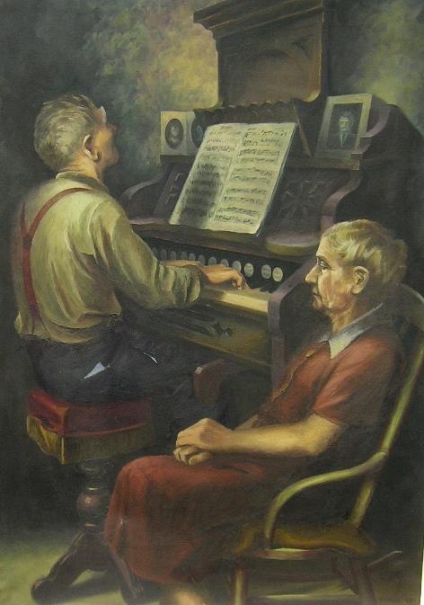ADDISON, ROBERT: (1924-1988 American) Couple at the organ, unframed oil on canvas, signed lower right, approximate size 47'' x 33''. PROVENANCE: Item comes from the Estate of Mrs. Robert Addison.