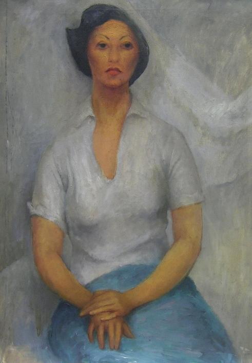 ADDISON, ROBERT: (1924-1988 American) Portrait of woman in blue dress, unframed oil on canvas, signed on verso, approximate size 40'' x 28 1/2''. PROVENANCE: Item comes from the Estate of Mrs. Robert Addison.