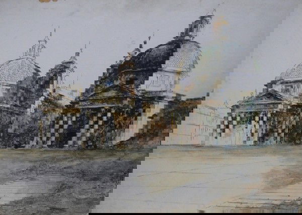 ADDISON, ROBERT: (1924-1988 American) Sketch of two buildings, unframed tempera and ink on board, approximate size 22'' x 30''. PROVENANCE: Item comes from the Estate of Mrs. Robert Addison.