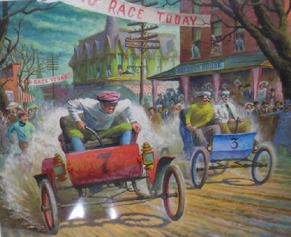 ADDISON, ROBERT: (1924-1988 American) Auto race, unframed gouache, watercolor and ink, signed lower left, approximate size 18'' x 21 1/4''. PROVENANCE: Item comes from the Estate of Mrs. Robert Addison.