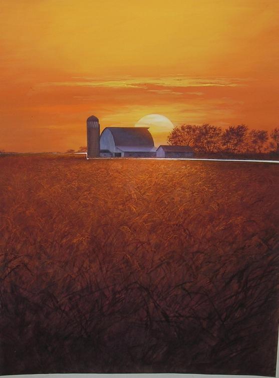 ADDISON, ROBERT: (1924-1988 American) Sunrise over farm, unframed gouache and watercolor on paper mounted to illustration board painted in two parts, unsigned, approximate paper size 30'' x 23 3/4'', total board size 
