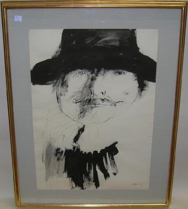 BASKIN, LEONARD: (Born 1922 American) Portrait of man with black hat, framed ink and wash, signed and dated 1965 lower right, approximate image size 21 1/4'' x 15'', frame 27 1/2'' x 21 1/2''.