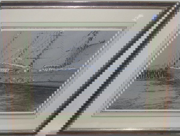 BAREFORD, DAVID: (Born 1947 American) Painting boat, framed charcoal and whitening on gray paper, signed lower right, approximate image size 12'' x 15 3/4'', frame 20'' x 24''.