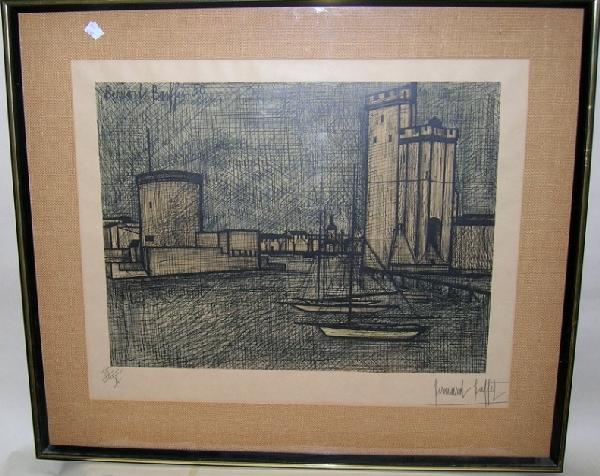 BUFFET, BERNARD: (Born 1928 French) Harbor scene with boats, framed colored lithograph, signed in pencil lower right and numbered VI/X lower left margin, approximate image size 17 3/8'' x 22 3/8'', total paper size by