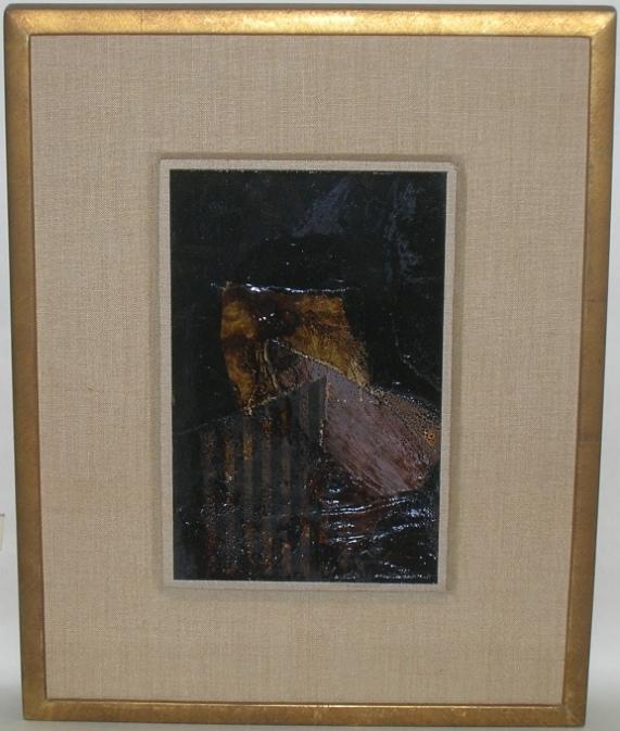 BOURAS, HARRY: (Born 1931 American) Abstract, framed mixed media consisting of acrylic on paper mounted to board, signed and dated 1964 upper left, approximate image size 9 3/4'' x 6 1/8'', frame 16 3/4'' x 13 1/4''