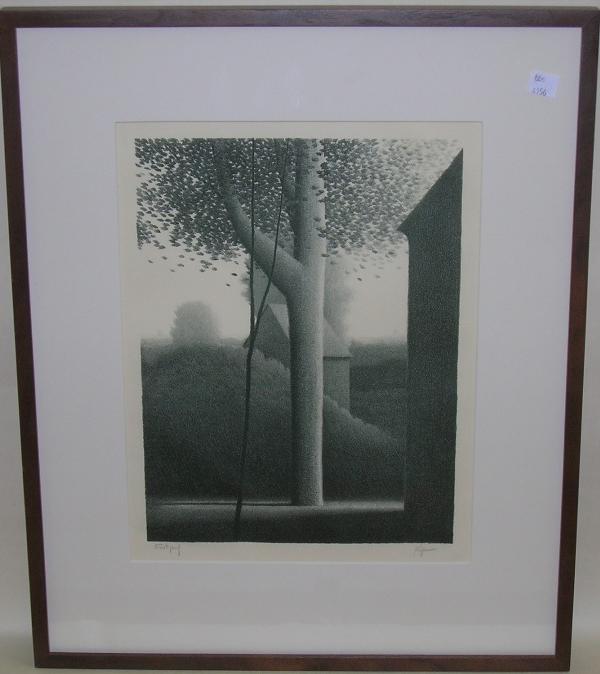 KIPNISS, ROBERT: (Born 1931 American) Tree and houses in an Impressionist landscape, framed black and white lithograph, artist proof, signed in pencil lower margin, approximate image size 13 1/4'' x 10'', frame 21 1/2