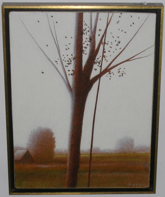 ***KIPNISS, ROBERT: (Born 1931 American) Landscape with trees and cabin in the distance, framed oil on canvas, signed lower right, gallery labels from Merrill Chase Art Galleries, Inc. on verso, approximate image size 16