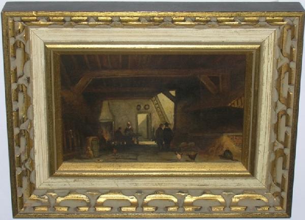 ***UNKNOWN ARTIST: (18th Century Dutch/Belgian School) Figures in a barn, framed oil on wood panel, unsigned, approximate image size 6'' x 9 1/4'', frame 10'' x 13''.
