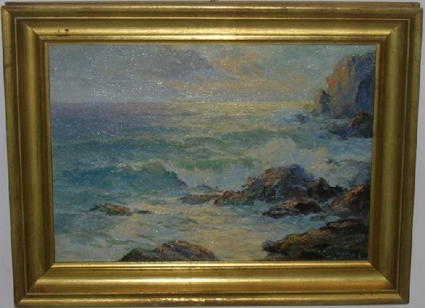 ***CHANEY, LESTER JOSEPH: (Born 1907 American) Impressionist coastal scene, framed oil on canvas mounted to masonite, signed lower right, approximate image size 11 1/2'' x 16'', frame 15'' x 19 1/2''.