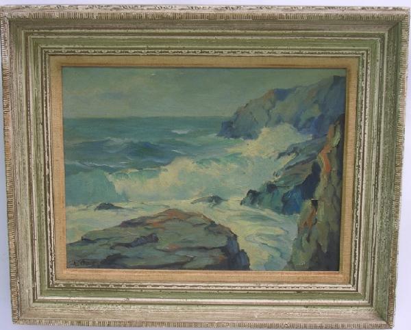 ***CHANEY, LESTER JOSEPH: (born 1907 American) ''Granite Rocks Maine'', framed oil on board, signed lower left, approximate image size 12'' x 16'', frame 18'' x 22''.
