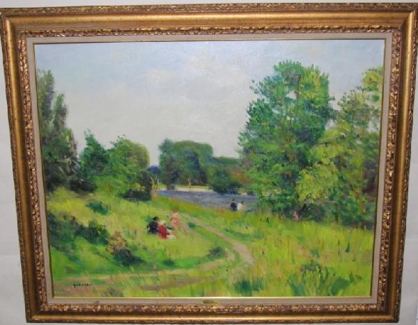 ***SEBIRE, GASTON: (1920-2001 French) Impressionist landscape with figures, framed oil on canvas, signed lower left, this painting originally comes from the Findlay Galleries of Chicago and bears gallery label on verso,