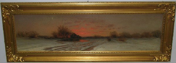 FARSKY, OTTO: (19th/20th Century American) Winter landscape at sunset, framed oil on canvas mounted to board, signed lower right, approximate image size 9 1/2'' x 35 1/4'', frame 15 1/2'' x 41''.