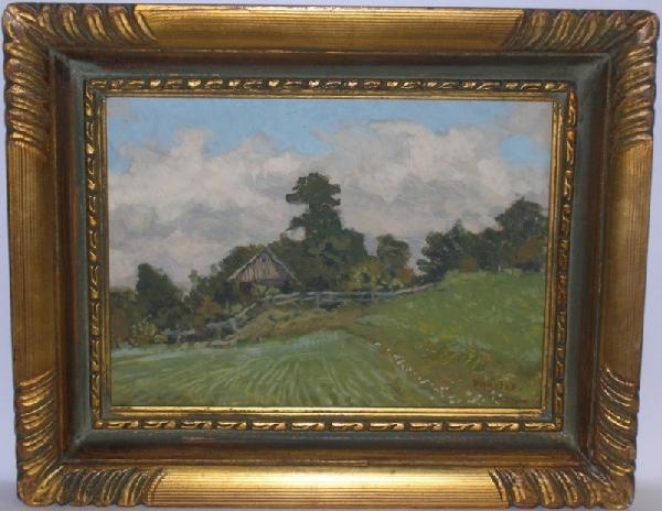 PANUSKA, JAROSLAV: (1872-1958 Czechoslovakian) Impressionist landscape with cottage, framed oil tempera on thick paper, unmounted, signed lower right, approximate image size 8 5/8'' x 11 1/2'', frame 13 1/4'' x 16 1/4''