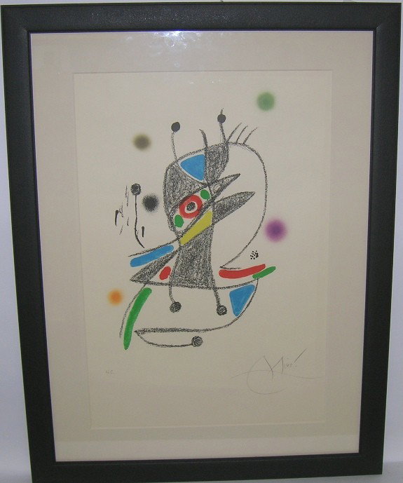 ***MIRO, JOAN: (1893-1983 Spanish) Abstract, framed colored lithograph, signed in pencil lower right margin, this work comes from a Hors Commerce Edition and is numbered that in pencil lower left margin, approximate