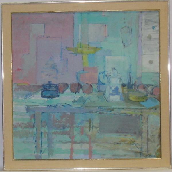 ***HELIKER, JOHN: (Born 1910 American) ''Still Life with Sugar Bowl'', framed oil on canvas, signed lower right, approximate image size 40'' x 40'', frame 45 1/2'' x 45 1/2''.