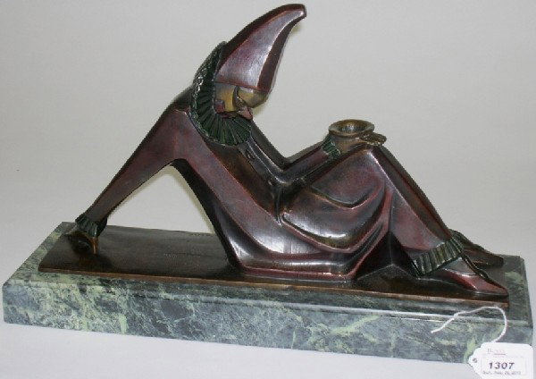 ***BOURAINE, MARCEL: (1886-1946 French) "Pierrot Lunaire", bronze sculpture inscribed "Bouraine", approximate size 8 1/2" x 15" x 4".