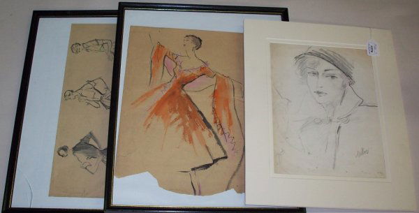 ***THREE FASHION DRAWINGS: All pastels, one signed indistinctly lower right, approximate size of largest 13" x 10". PROVENANCE- Items come from the Estate of Mrs. Robert Addison.