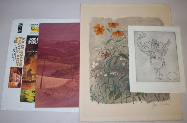 ***GROUP OF ROBERT ADDISON COLLECTIBLES: Abstract etching by Bess Devine, Idaho photograph by D. Garrett, lithograph by Ben Shaw and a publisher proof model box top, various sizes. PROVENANCE- Items come from the Estate of Mrs. Robert Addiso