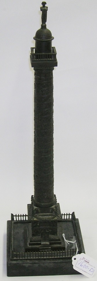 ***AFTER MODEL CONCEIVED BY NICOLAS GUY ANTOINE: (1770-1846 French) Late 19th Century French bronze casting of the Vendome Column, mounted on black marble base, approximate height 17", with base 18 3/8", width 2 3/4", depth 2 3/4", PROVENANCE- Item 