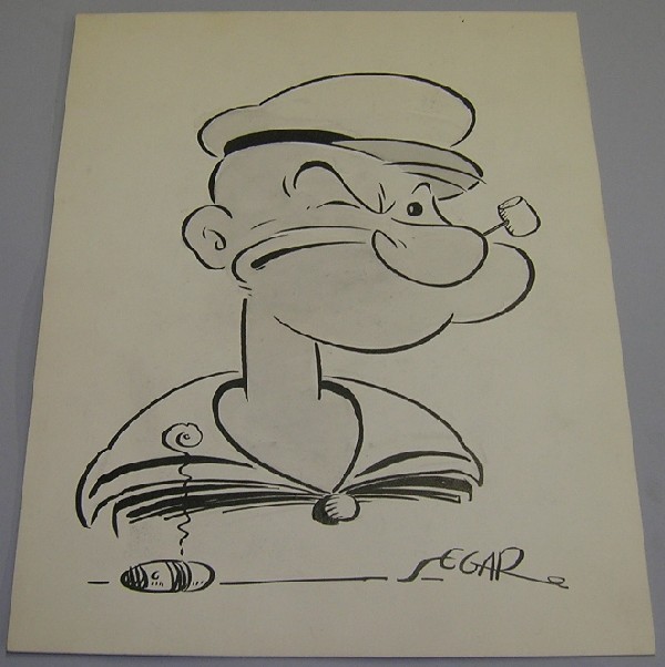 ***SEGAR, ELZIE CRISLER: (1894-1938 American) Portrait of Popeye the Sailor, original ink illustration with wash highlights on thin paperboard, signed lower right, this work comes from the Elzie Segar family collection, appro