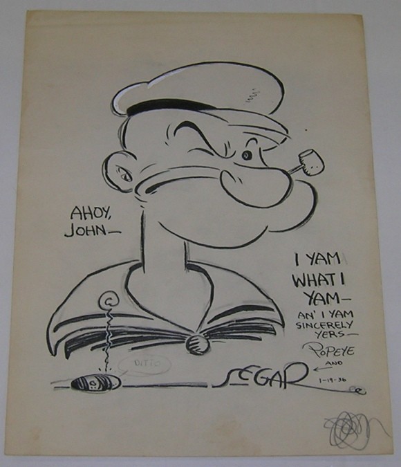 ***SEGAR, ELZIE CRISLER: (1894-1938 American) Portrait of Popeye, unframed pencil and ink drawing, signed with monogram and signature lower center, dated 1936 and inscribed "I yam what I yam and I yam certainly yers", this wo