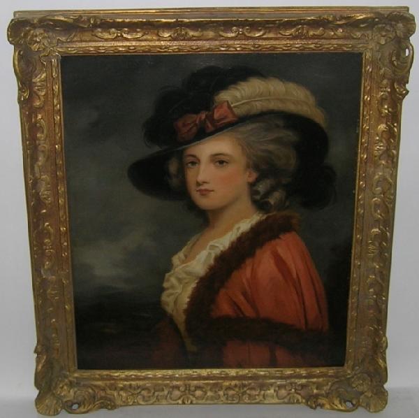***UNKNOWN ARTIST: (Early 19th Century English School) Half length portrait of woman in pink, framed oil on canvas mounted to board, unsigned, approximate image size 24" x 19 1/2", frame 29" x 25 1/2".