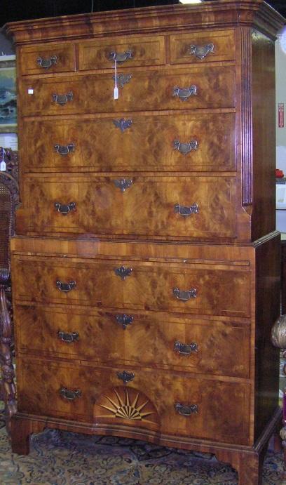 ***GEORGE III STYLE CHEST ON CHEST: The upper section having flat molded cornice over 3 small drawers and 3 graduated drawers, the lower section fitted with pull-out slide over 3 drawers, approximate height 73", width 43 3/4", depth 19 