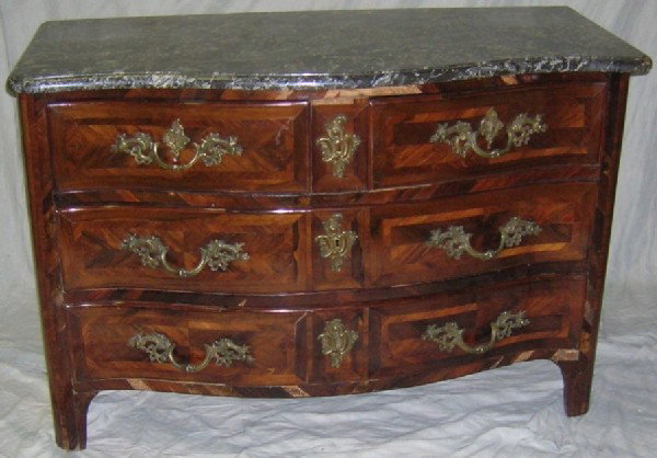 ***MID 18TH CENTURY LOUIS XV KINGWOOD COMMODE: Having shaped marble top raised on conforming base, fitted with 2 drawers, having foliate cast handles and escutcheons, approximate height 33 3/4", width 51 3/4", depth 24".