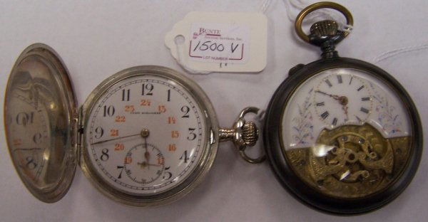***TWO POCKET WATCHES: ***TWO POCKET WATCHES| Union Horlogere having jeweled movement, stem wound and set with Arabic numeral markers and second subsidiary on a white finish dial, contained in an .800 silver hunter case, to