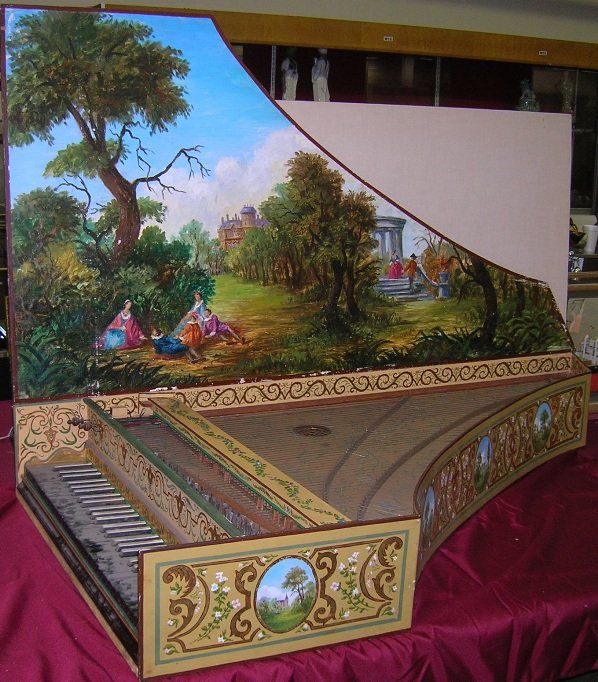 ***ADDISON, ROBERT| (1924-1988 American) Harpsic: ***ADDISON, ROBERT| (1924-1988 American) Harpsichord, bottom of lid has painted classical garden scene, sides are decorated with miniature landscape paintings, above keyboard reads "MVSICA MAGNORVM ES