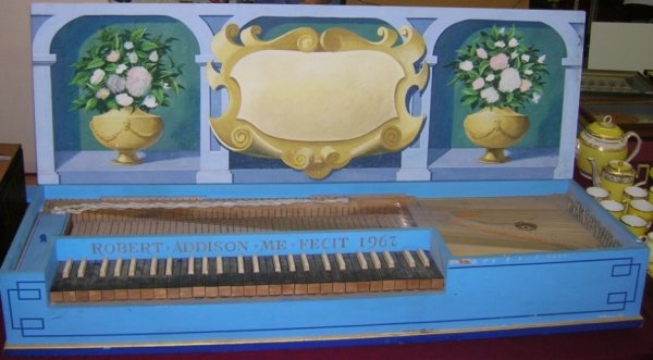 ***ADDISON, ROBERT| (1924-1988 American) Harpsic: ***ADDISON, ROBERT| (1924-1988 American) Harpsichord, lid is decorated with urns and flowers, writing above keyboard reads "Robert Addison me fecit 1967", approximate length 48". PROVENANCE- Item come