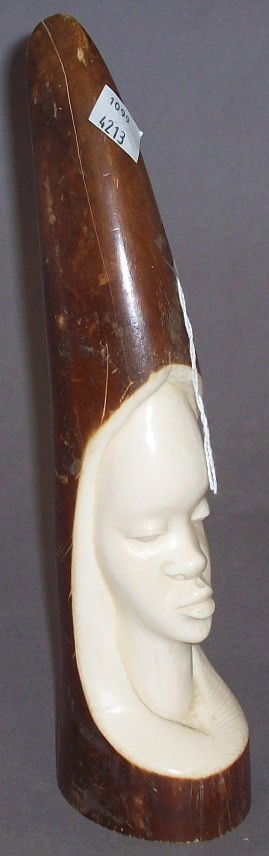 ***CARVED IVORY TUSK: Depicting bust of African woman.
