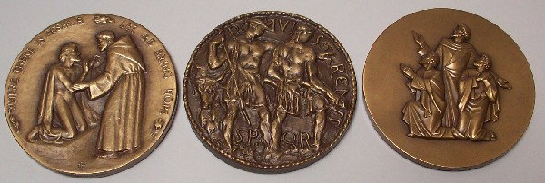 THREE MEDALS FROM ''SOCIETY OF MEDALISTS'': 1957 Pietro Montana, obverse St. Francis of Assisi at Prayer, reverse St. Francis and Leper (issue 55), 1960 Leo Lentelli, obverse Romulus and Remus, reverse Constantine the Great (issue 61), and 1960