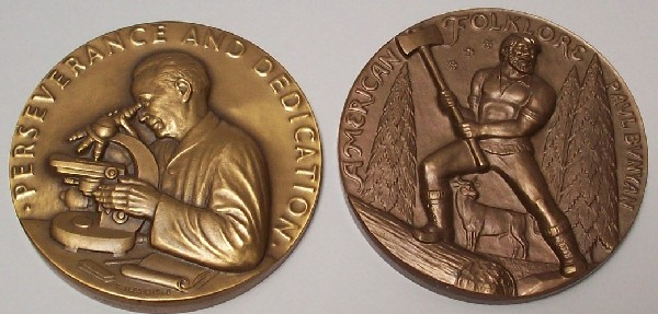 TWO MEDALS FROM ''SOCIETY OF MEDALISTS'': 1968 Terry Lies, obverse Medical Research, reverse Spider and Web (issue 78), and 1969 Bruno Mankowski, obverse Paul Bunyan, reverse Johnny Appleseed (issue 79).