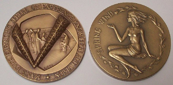TWO MEDALS FROM ''SOCIETY OF MEDALISTS'': 1969 Boris Buzan, obverse Space Control Room, reverse Astronaut on Moon (issue 80), and 1974 Laszlo Ispanky, obverse Girl in Spring, reverse Youth in Fall (issue 89).
