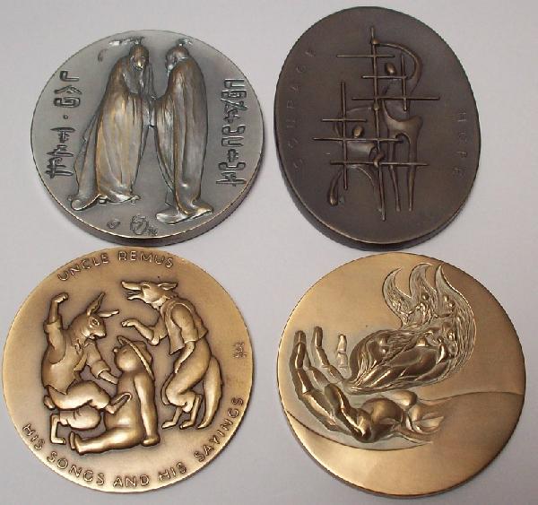 FOUR MEDALS FROM ''SOCIETY OF MEDALISTS'': 1970 Julian Hoke Harris, obverse Uncle Remus Tales, reverse Brer Rabbit in Briar Patch (issue 81), 1970 Tom Allen, Jr., obverse Flame of Life, reverse Pro Vita (issue 82), 1974 Stanley Bleifeld, obver