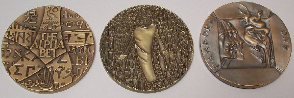 THREE MEDALS FROM ''SOCIETY OF MEDALISTS'': 1971 Albert Weinberg, obverse Pandora One, reverse Atomic Cloud (issue 84), 1972 Sten Jacobsson, obverse Christ and Multitude, reverse Pagan Joys (issue 85), and 1973 Edward R. Grove, obverse Alphabet