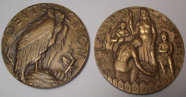 TWO MEDALS FROM ''SOCIETY OF MEDALISTS'': 1947 Bruce Moore, obverse Eternal Vigilance, reverse Destruction (issue 35), and 1948 Thomas LoMedico, obverse Pursuit of Happiness, reverse Goodwill toward Men (issue 38).