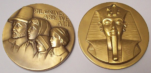 TWO MEDALS FROM ''SOCIETY OF MEDALISTS'': 1976 Anthony Notaro, obverse Pilgrims, reverse Mayflower (issue 94), and 1977 Stephen Robin, obverse Tutankhamun, reverse Egyptian Pectoral (issue 96).