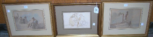 ***UNKNOWN ARTIST: (19th Century English School) Three framed ink and watercolor paintings on paper mounted to board depicting figural scenes, all are unsigned, approximate image size of each 5'' x 7'', frame 11'' x 13 