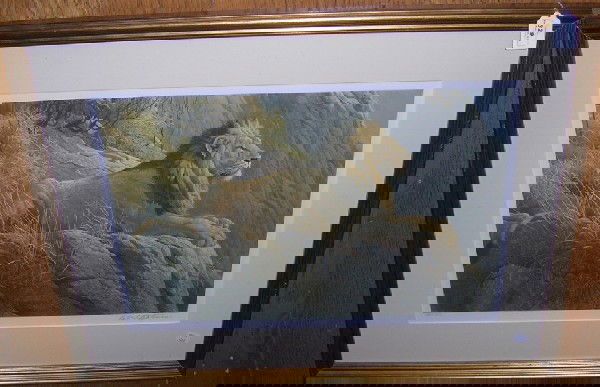 ***BATEMAN, ROBERT: (Born 1930 Canadian) Lion, framed offset lithograph, signed and numbered in pencil lower margin from an edition of 950 prints, approximate image size 15'' x 22 1/4'', frame 24 1/2'' x 31 1/2''.