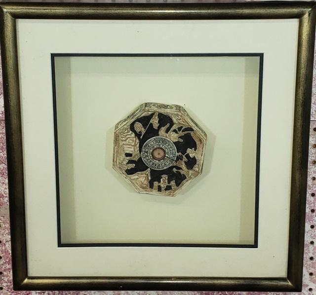 SCRIMSHAW FISHERMAN'S COMPASS: Housed in a shadowbox, approximate compass diameter 5 1/8", shadowbox size 16 3/4" x 16 3/4".