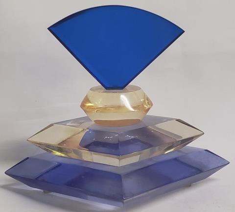 VAN TEAL LUCITE PERFUME SCULPTURE: Blue, clear and amber, signed on bottom, 8 1/4".