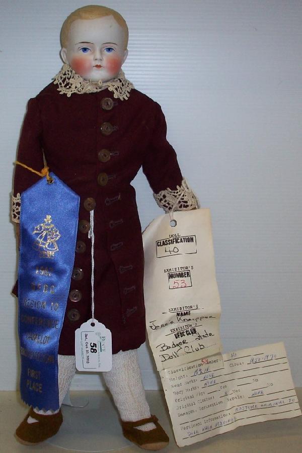 PARIAN HEAD BOY DOLL: Having blue eyes and blonde hair, on cloth body with leather stitched hands, has 1st place ribbon from 1987, comes from the estate of Geraldine (Jerrie) Kneipper, Kenosha, WI, member of ''The Badger S